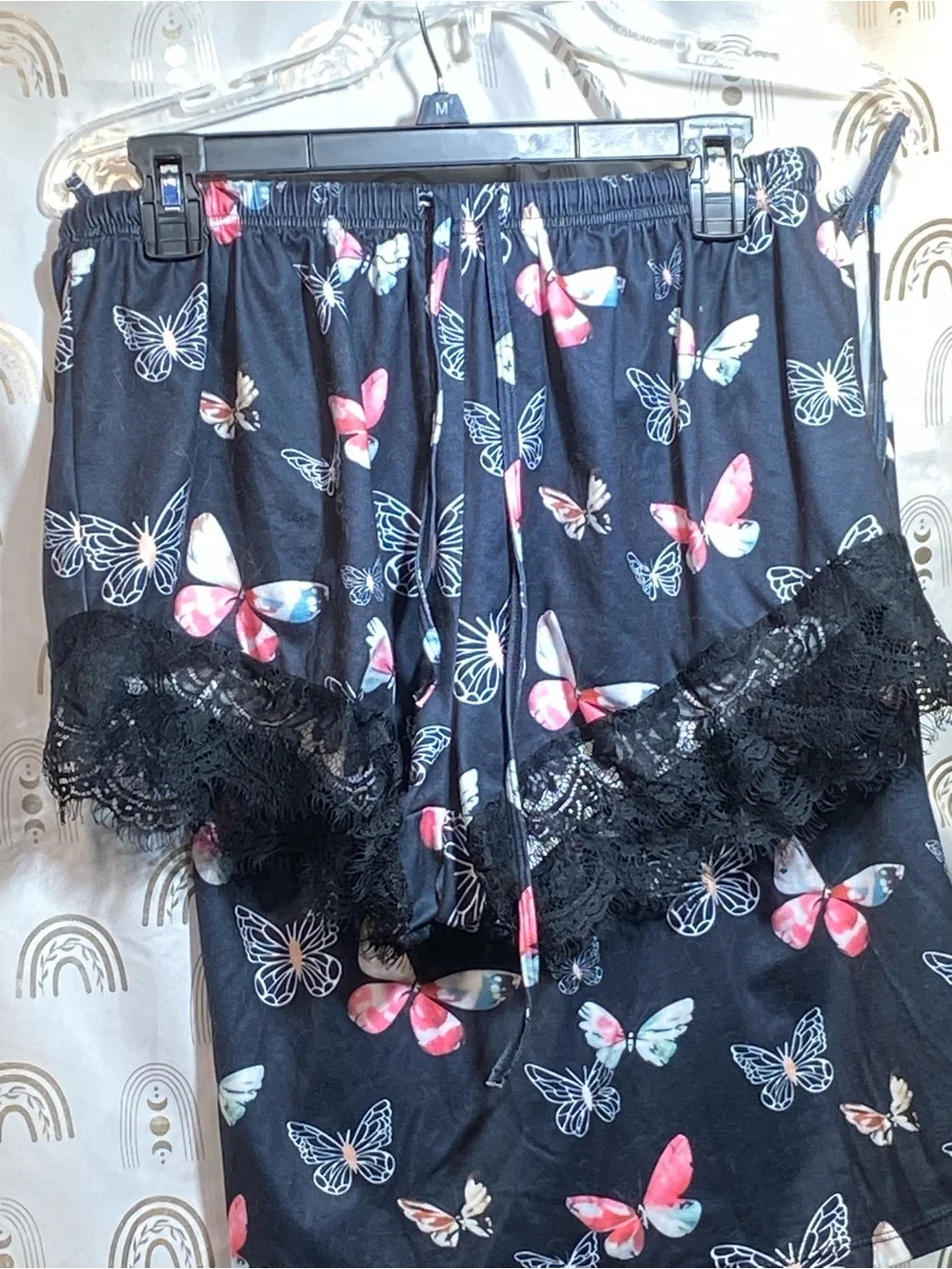 Women's Black Butterfly Print Lace-Trim Camisole & Shorts Set